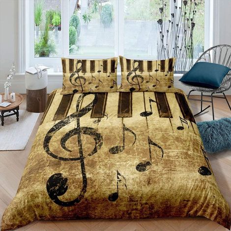 Bettwäsche-Set 135x200 cm mit Noten- und Klaviertasten-Design, Mikrofaser