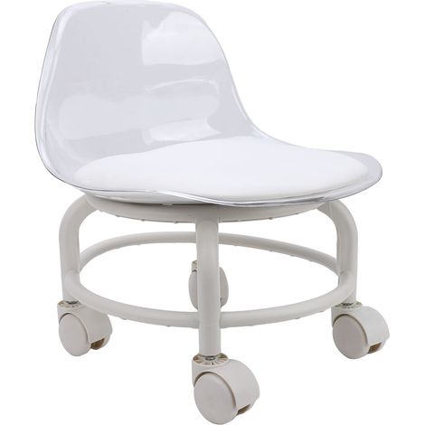 Tabouret bas à roulettes avec dossier, petit modèle en acrylique transparent gris silencieux, assise mini à roulettes. (1/5)
