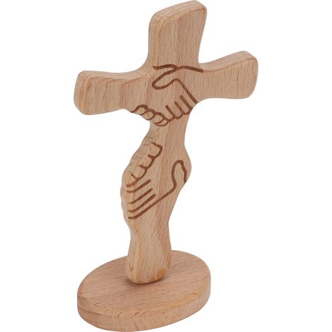 Croix décorative en bois de hêtre robuste et durable, motif de poignée de main, sculpture rustique. (1/5)