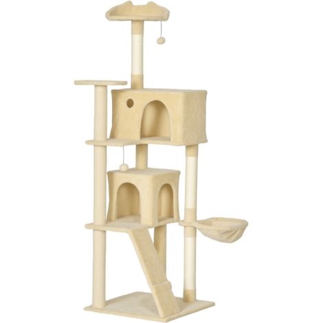 Beige 180cm Large Cat Tree Tower with Scratching Posts, Condos, Plush Perches, Hammock and Ladder for Cats (1/5)
