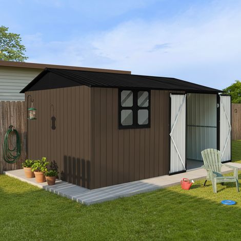 Cobertizo de jardín de metal 362 x 285.5 cm, 10.34 m² de superficie, cobertizo a prueba de agua con puerta, cerradura, ventana, mesa plegable y estanterías, cobertizo de almacenamiento exterior para j (1/5)