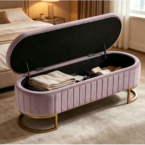 DESMIU Banc de lit coffre de rangement, pieds métalliques dorés, en velours, rose 130 cm (1/5)