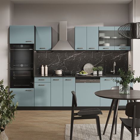 Cucina componibile R-Line, Blu-grigio/antracite, 300 cm con armadio alto, senza piano di lavoro, Vicco