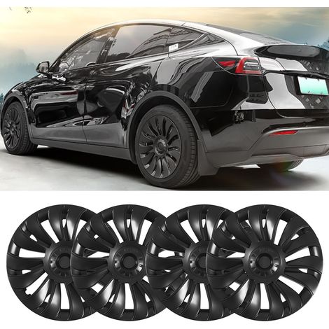 (T04) (Vidéo disponible) 4 enjoliveurs de roue de voiture, style 14 rayons, pour jantes 19 pouces Tesla Model Y 2020-2023 (nouveaux 14 rayons, sans marquage), noir brillant (surdimensionnés) (surpoids (1/5)
