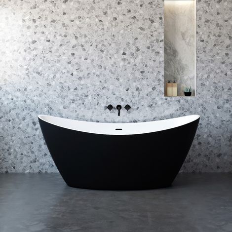 MSV - Corbin Baignoire Îlot Ovale 170 cm en Acrylique Noir Mat, Baignoire Compacte 1 Place avec Bonde Pop-up et Trop-plein Linéaire Intégré