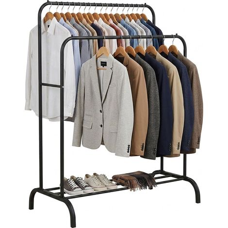 Portant à vêtements, H x L x P : 146 x 110 x 56 cm, avec étagère et 2 tringles, double, métal, noir (1/5)