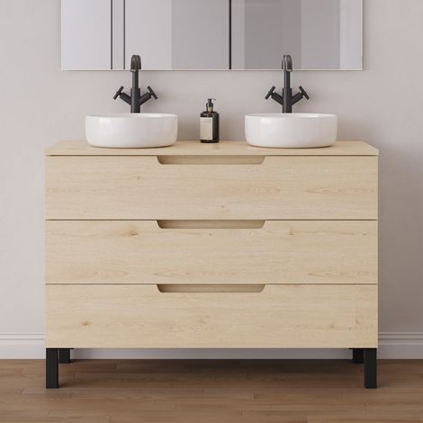 Meuble de salle de bain 120cm avec plateau et 2 vasques à poser rondes - 3 tiroirs - sans miroir - roble calima (bois clair) - RIZA (1/5)