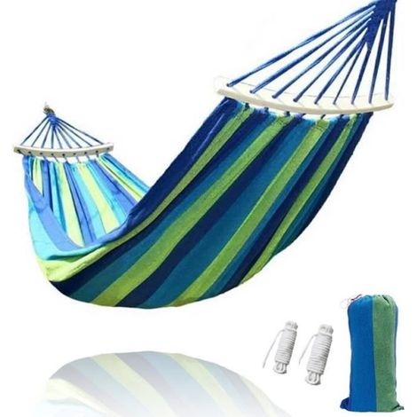 Bequeme Ein-Personen-Hängematte - Blaue Streifenleinwand - Ideal für Camping, Wandern, Reisen und Strand