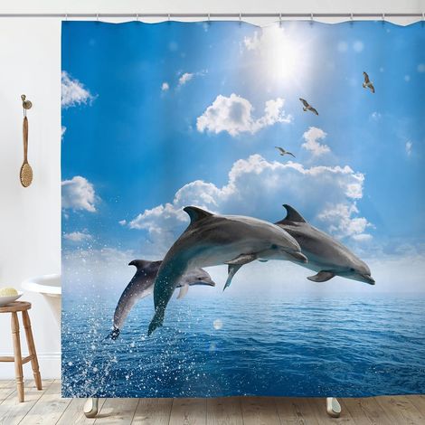 Rideau Douche Anti Moisissure 200x200 cm Dauphin Rideau de Douche Baignoire en Tissu Imperméable Polyester Océan Bleu Rideaux Salle de Bain avec Anneaux Tissus Lavable Machine (1/5)