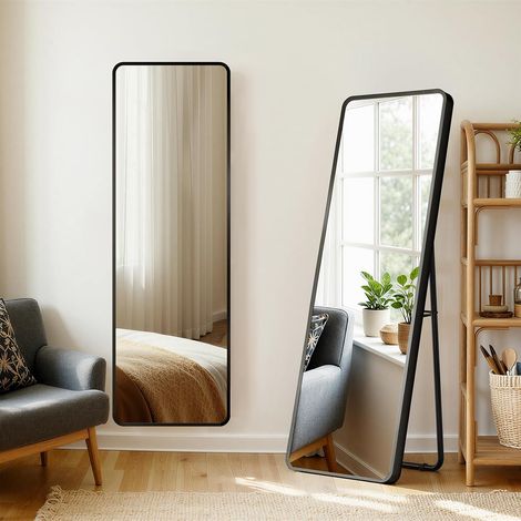 Grand Miroir sur Pied Noir 162x50 cm, Miroir Mural HD Miroir Intégral en Verre Trempé Incassable & Cadre Aluminium, Coins Arrondis pour Chambre, Salon,Noir (1/5)