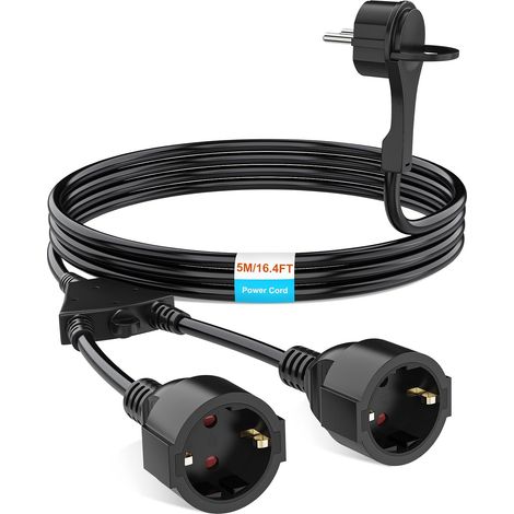 Câble d'alimentation de 5 m - Rallonge électrique - 2 voies - Rallonge de protection pour l'extérieur - Avec fiche plate - Prises AC Schuko - IP44 pour la maison, le bureau - Jusqu'à 250 V/16
