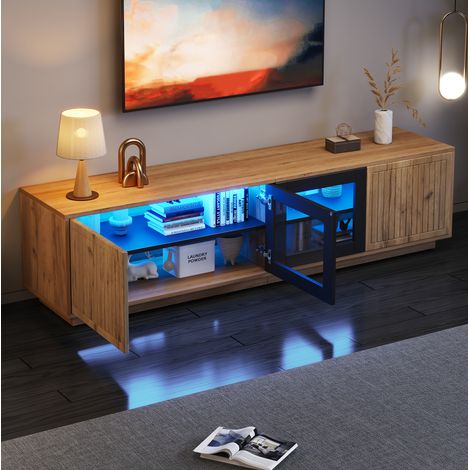 Mobile TV 180 x 40 x 45 cm con LED, 4 ante in legno e vetro temperato, naturale e nero DESVIAE (1/5)