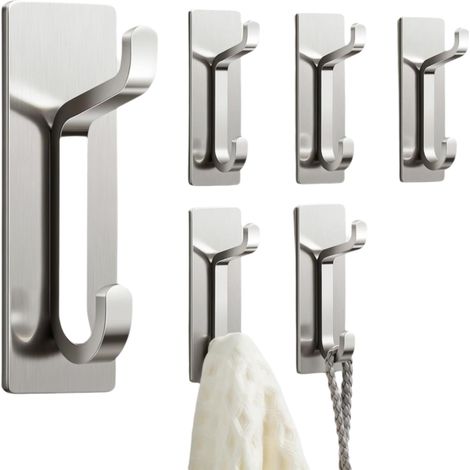 Gancho De Pared Autoadhesivo - Acero Inoxidable - 8 X 2,2 X 2,5 Cm - Doble Nivel - Para Baño Y Cocina - 6 Unidades (1/5)
