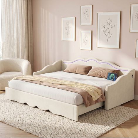 Lit extensible 90x200 beige velours LED USB OKMYHOME (1/5)