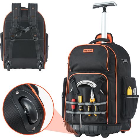 Sac à Dos à Roulettes, Charge 50 kg, Sac à Outils, 45 x 27,5 x 56 cm, avec 72 Poches, Poignée Télescopique, Base Stable, Organisateur à Outils Robuste, pour Électriciens, Plombiers, Mécaniciens (1/5)