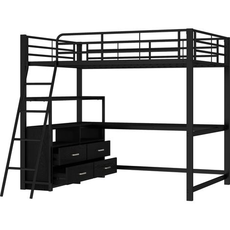 Cama alta 140 x 200 cm de metal y MDF con escritorio esquinero y cajones, negra HOMVRA (1/5)