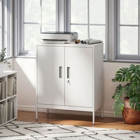 Commode - WESTYLE - Commode 80x40x100cm - 2 portes verrouillables - Acier blanc - 2 étagères réglables (1/5)