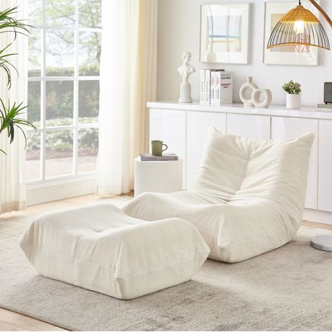 Poltrona relax con poggiapiedi, divano da pavimento in schiuma effetto teddy beige DESVIAE (1/5)