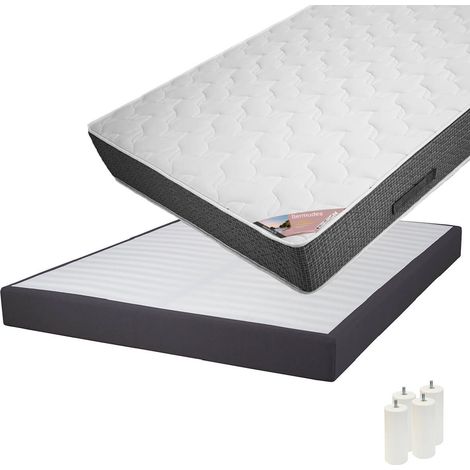 BERMUDES - Pack Matelas 140x190 + Sommier Tapissier Démontable 2x20 Lattes Anthracites + Pieds Blancs 15cm (1/5)