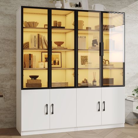Vetrina 120 x 40 x 160 cm - illuminazione led con controllo app ante in vetro temperato fumè e telaio in alluminio - stile moderno - mdf - bianco (1/5)