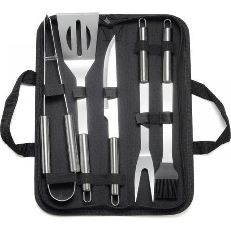 Stainless Steel BBQ Tools: Tongs, Meat Fork, Basting Brush, Spatula, Knife + Carry Bag for Picnic, Camping, Barbecue