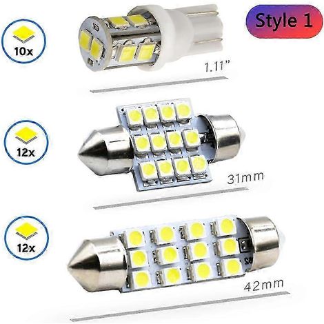 Lot de 20 ampoules LED T10 31 mm/42 mm pour liseuses de voiture, feux de portières et feux arrière, format 1206/1210, éclairage intérieur automobile mixte. (1/5)