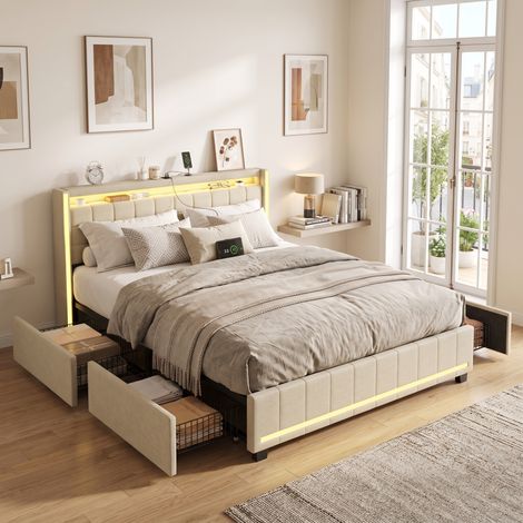 Superaly - Lit Double Capitonné avec Lumières LED 140x190cm - Lit Coffre avec 4 Tiroirs - Ports USB et Type-C intégrés - Sommier à Lattes - Lit Adolescent de Style Moderne - Lin - Beige (1/5)