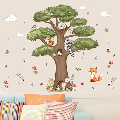 Stickers Muraux Animaux Forêt Enfant Arbre Grand Autocollant Mural Animaux des Bois Renard Lapin Écureuil Décoration Murale Chambre Enfants Bébé Pépinière (1/5)