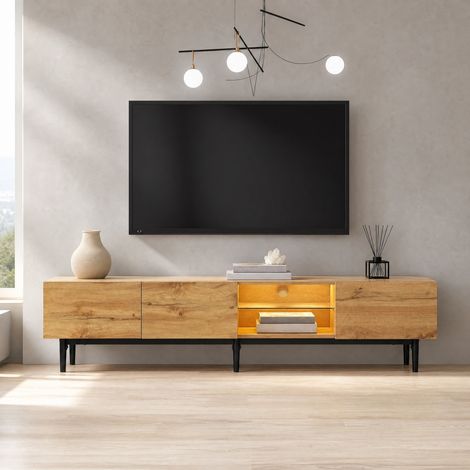 Mueble TV de 175 cm con almacenaje, LED multicolor controlable por app, MDF, roble claro DESVIAE (1/5)