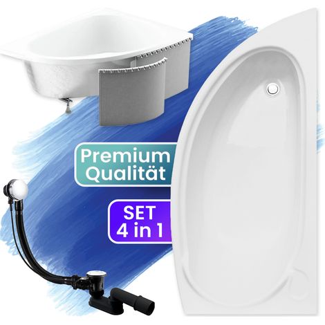 Badewanne Eckbadewanne 150x70 Rechts mit Styroporverkleidung, Ablauf & Füße GRATIS - Komplettset 4in1 Original Acryl Wanne Siphon - BADLAND MINI (1/5)