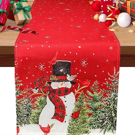 Chemin de table de Noël, Chemins de table pour Noël, Chemin de table rouge hivernal avec bonhommes de neige, sapins et flocons de neige, décorations de table pour Noël (1/5)