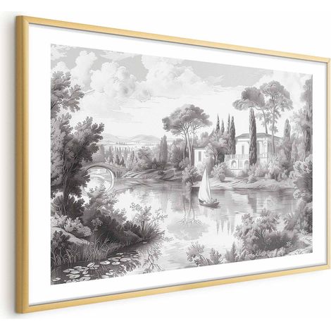Poster – Schwarz-weiße Vintage-Landschaft mit Teich (1/4)