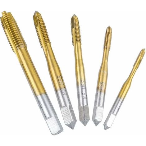 5pcs Tarauds à Goujure Droite, Tarauds de Machine à Filetage Métrique en Acier HSS Revêtement en Titane Outil de Taraudage Assortiment M3 M4 M5 M6 M8 pour Filet Rapporté (1/4)