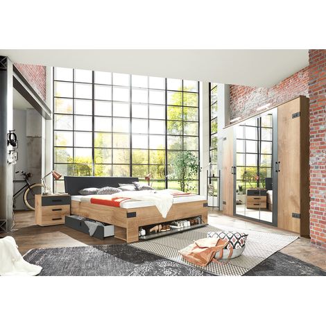 Chambre à coucher complète adulte (lit King Size 180 x 200cm + 2 chevets + armoire) coloris imitation chêne poutre/graphite -PEGANE-