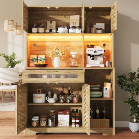 Buffet haut avec éclairage LED, 120x40x180 cm, armoire de salon à portes en MDF tissé, meuble de cuisine avec tiroirs, vitrine debout pour salle à manger et bar.