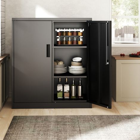 Armoire de Rangement en Métal avec 2 Portes Verrouillables Armoire à Outils de Garage avec 2 Étagères Réglables Armoire en Acier Noir (1/3)
