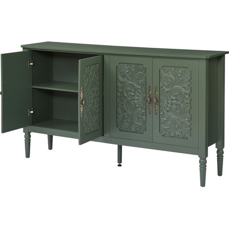 Buffet vintage vert avec relief sculpté, grand espace de rangement et angles arrondis (1/5)