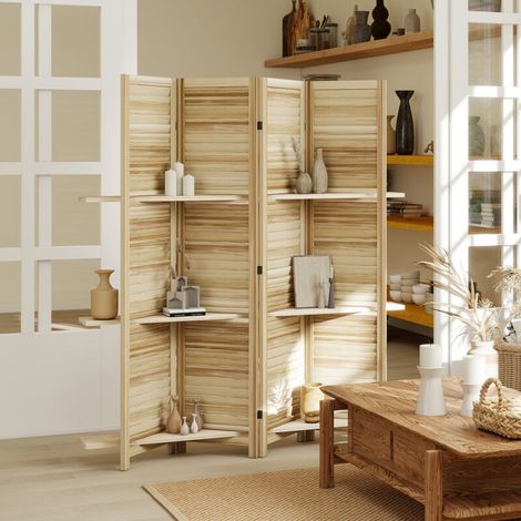 Cloison amovible Paravent intérieur en bois 4 panneaux 160 x 170 cm, séparateur de pièce pliable avec 3 étagères, bois naturel (1/5)