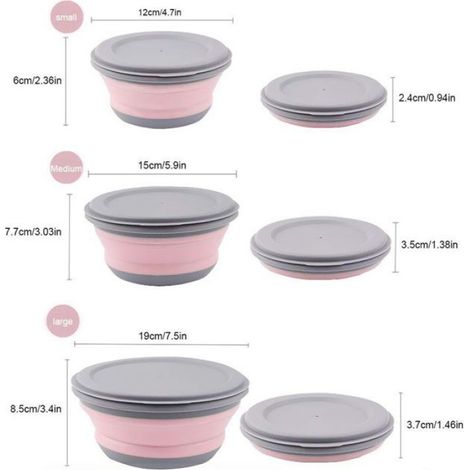 Bol pliant portable - Set de 3 pièces - Silicone - Couvercles transparents - Rose (1/4)
