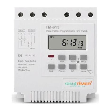 TM-613 Relais Temporisé Programmable 380V / 50-60Hz 16A Relais Hebdomadaire Commutateur de Minuterie de Puissance Interrupteur de Minuterie Triphasé Horloge Numérique Intelligente (1/4)