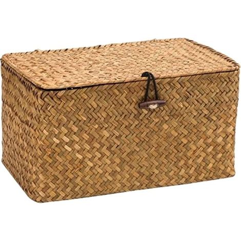 Panier en jonc de mer tressé à la main, organisateur de rangement naturel avec couvercle, une idée de décoration intérieure polyvalente et un cadeau idéal (Dimensions : 26 x 16 x 10 cm) (1/5)