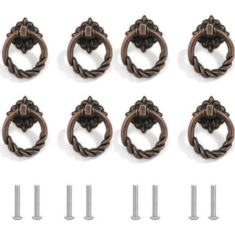 Lot de 8 poignées d'armoire rétro en alliage de zinc - Poignées de meubles vintage - Poignées de tiroir - Anneaux avec vis - Pour cuisine, inclinée, coiffeuse (bronze) (1/5)