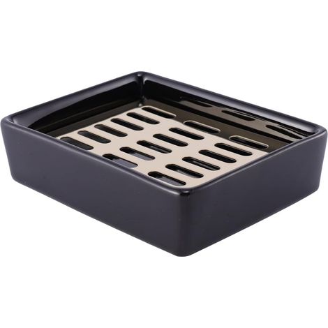 Porte-savon double en céramique noire avec égouttoir, accessoire de salle de bain pour lavabo (1/5)