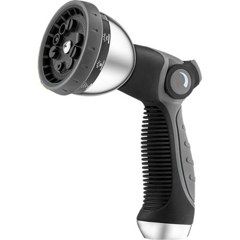 Pistolet d'arrosage robuste gris, 10 modes de jet réglables, commande au pouce et poignée ergonomique pour l'arrosage, le nettoyage et la douche. (1/5)