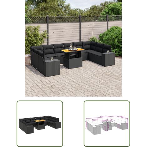 The Living Store 11-tlg. Garten-Sofagarnitur mit Kissen Schwarz Poly Rattan - Gartenmöbel Set - PE-Rattan Möbel - Outdoor Lounge - Gartenlounge - Terrassenmöbel (1/3)