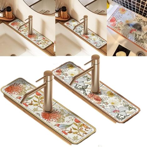 Lot de 2 coussinets d'égouttage pour robinet, coussinets auto-absorbants pour comptoirs de cuisine, coussinets antidérapants en boue de diatomées douce, coussinets à séchage rapide. (1/5)