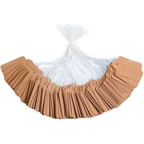 300 Stück Kraftpapier-Etiketten (braun, 15 x 25 mm), beschreibbare Präsentationsetiketten, Blanko-Preisschilder mit Umhängeband, geeignet zum Verpacken von Kleidung und Geschenken für den Markt