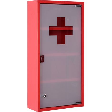 Homcom – Armoire à pharmacie rouge en acier – 3 étagères 4 niveaux – Porte en verre trempé – Dimensions 30x12x60 cm – Sécurisée avec 2 clés