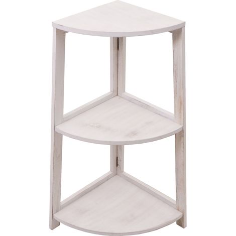 Scaffale angolare HHG-395 3 ripiani legno paulonia 80x37x34cm bianco shabby