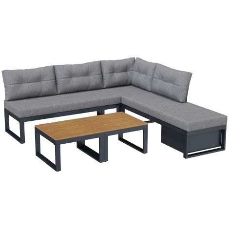 Salon de jardin modulable avec fonction inclinable dossier reglable 3 positions coussins epais rangement housse impermeable polyester resilient pour terrasse balcon gris fonce (1/5)
